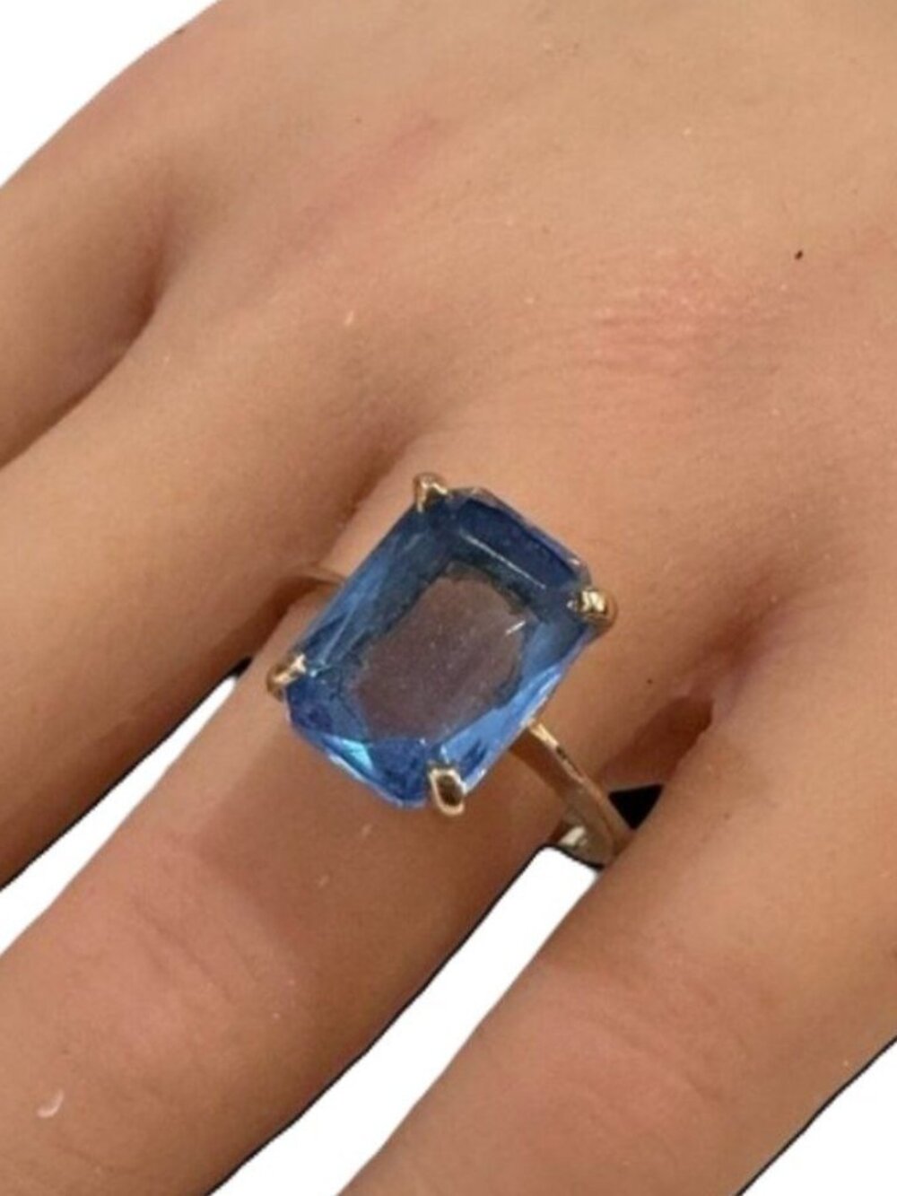 Vintage Cocktail Ring Gold Tone Blue Center Rectangle Shape Size 9 Womens Gift